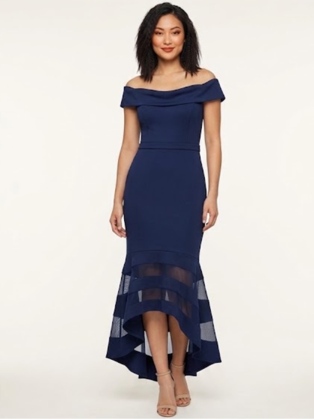 Xscape Navy Blue Off-The-Shoulder High-Low Midi Dress Size 10